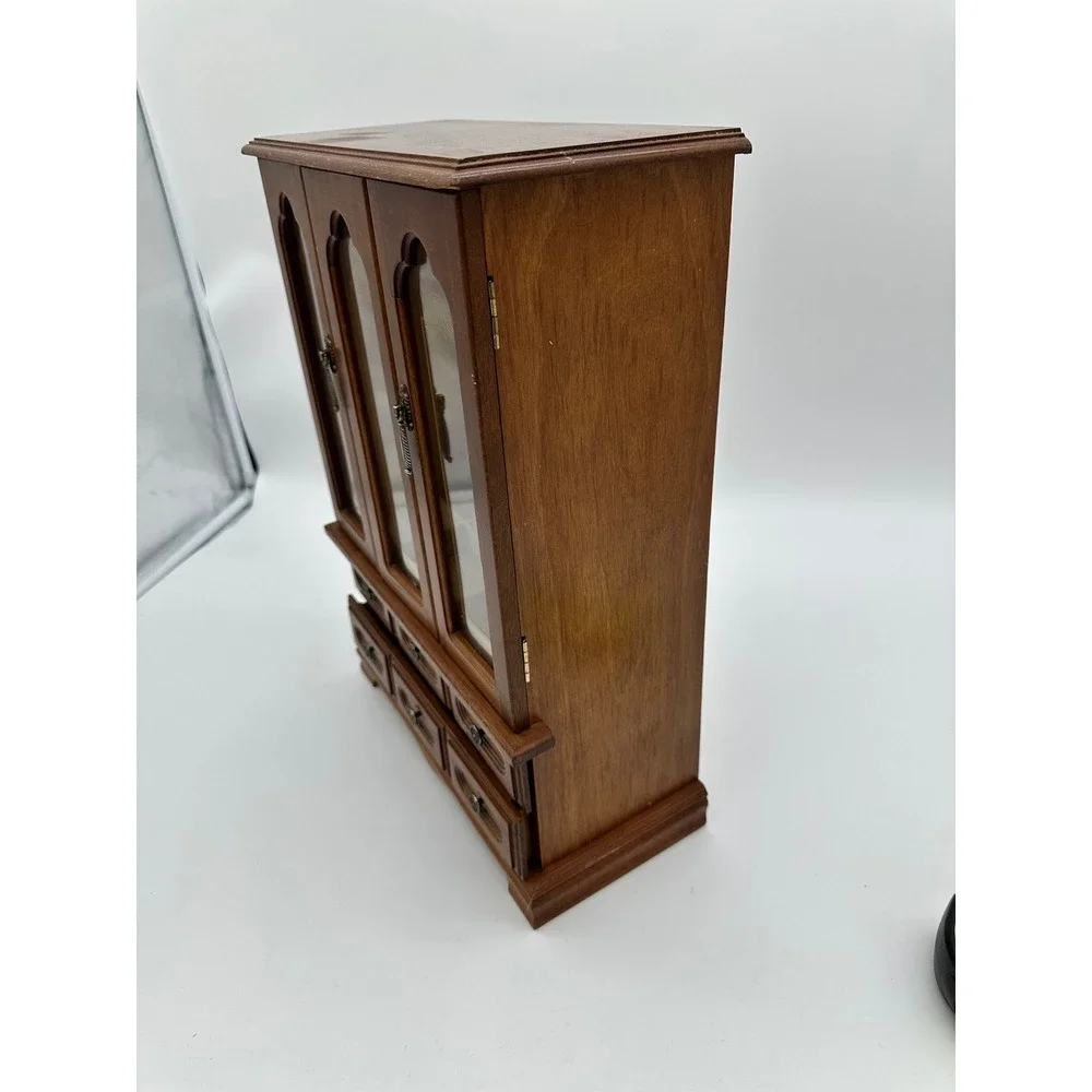 Vintage Jewelry Box Armoire Wood Etched Glass Cabinet Brown 15.5in